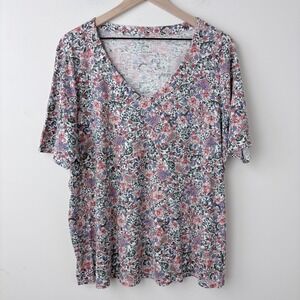 J Jill 100% Pima Cotton Slub Tee Floral Top Womens 2X Cottagecore Feminine